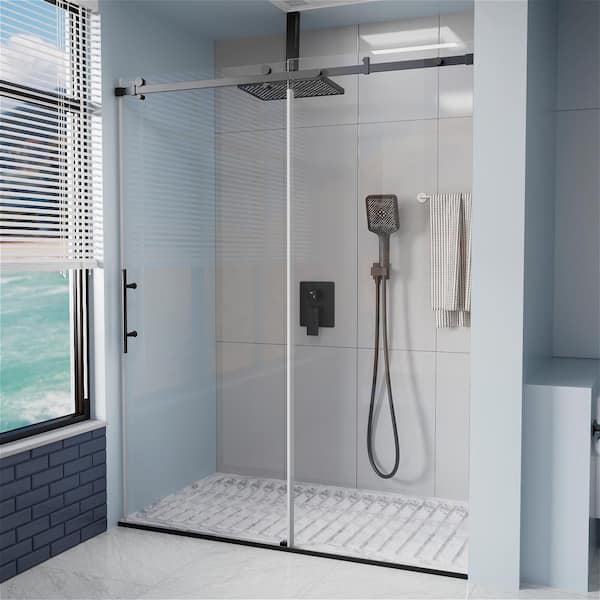 INSTER VENUS 60 in. W x 76 in. H Sliding Frameless Shower Door in Black Finish with Clear Glass