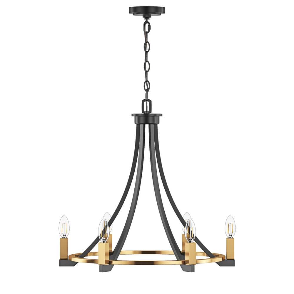 6-Light 24 in. Black and Gold Wagon Wheel Chandelier Rustic Vintage Farmhou