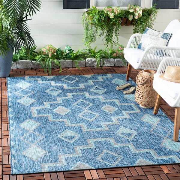 Courtyard Navy/Aqua 9 ft. x 12 ft. Geometric Indoor/Outdoor Patio  Area Rug