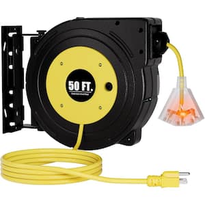 50 ft. 14AWG / 3C SJTOW 13 Amp Heavy Duty Retractable Extension Cord Reel with 3 Grounded Lighted Outlet in Yellow