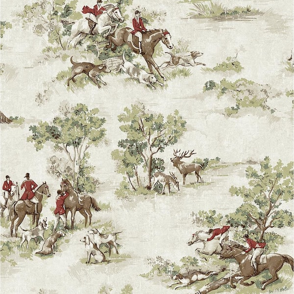 30.75 sq. ft. Rosemary and Garnet Horse Race Vinyl Peel and Stick Wallpaper Roll