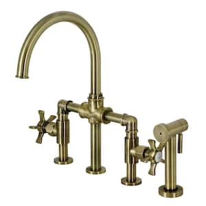 Hamilton Double-Handle Deck Mount Gooseneck Bridge Kitchen Faucet with Brass Sprayer in Antique Brass