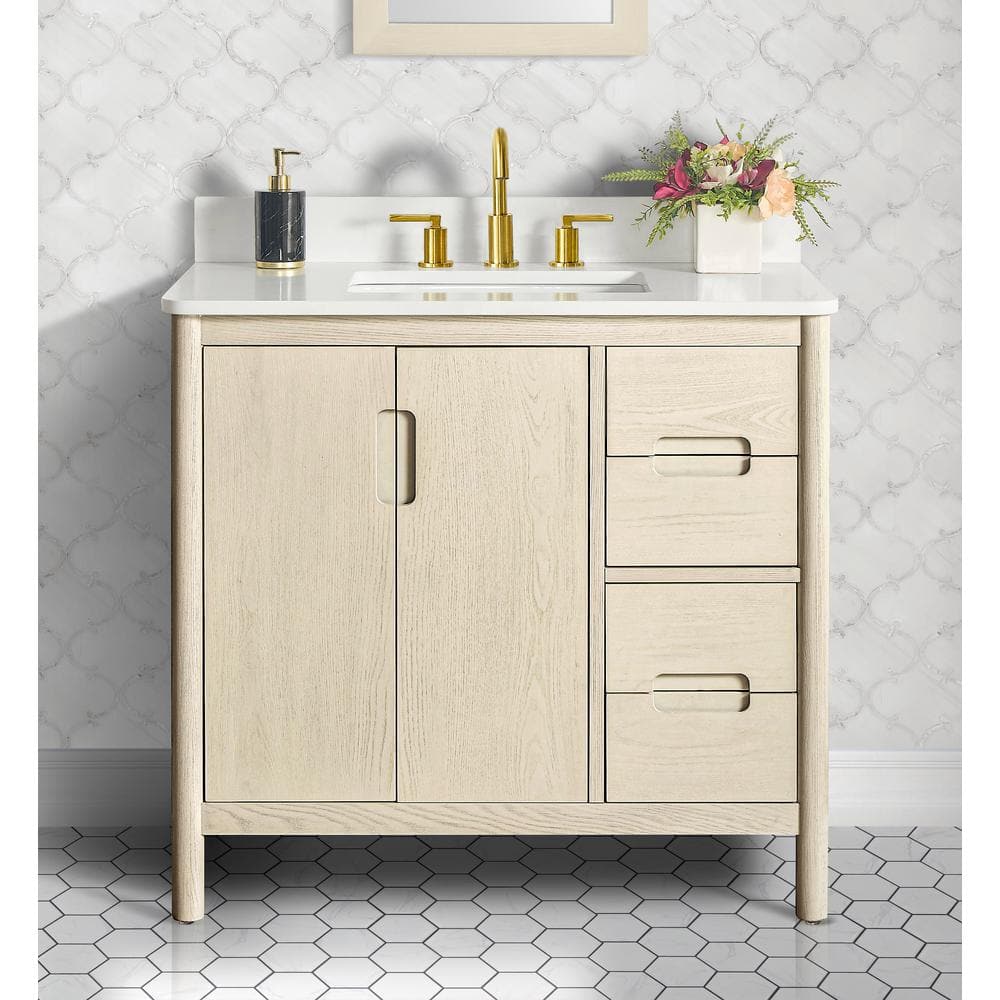 Montrose 37 in W x 22 in D x 35 in H Single Sink Bath Vanity in Natural Elm With White Quartz Top -  Home Decorators Collection, TH1053