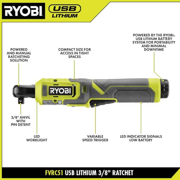 USB Lithium 3/8 in. Ratchet Kit, 2.0 Ah Battery, USB Charging Cable with USB Lithium Cordless Clamp Fan