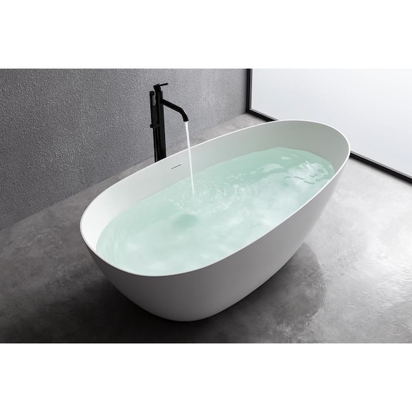 59 in. Stone Resin Flatbottom Solid Surface Freestanding Soaking Bathtub in White with Drain