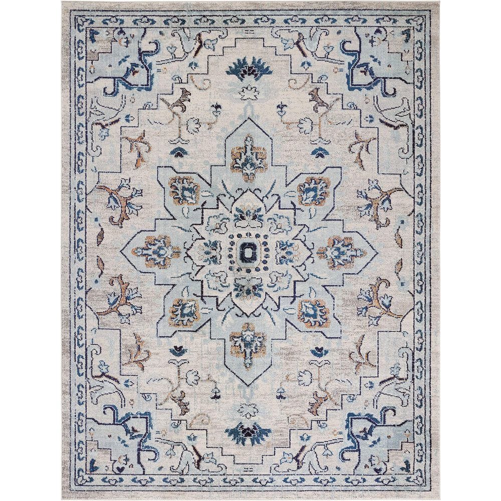 Light Blue Polypropylene 6 ft. x 9 ft. Oriental Indoor Area Rug