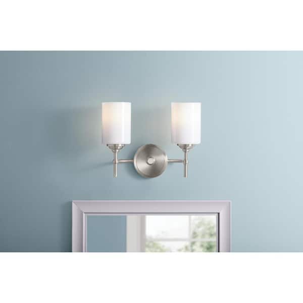 Home Decorators Collection Ayelen 13.5 in. 2-Light Brushed Nickel Bathroom Vanity Light with Opal White Glass Shades