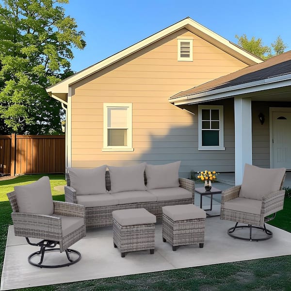 6-Piece Outdoor Rattan Sectional Sofa Patio Wicker Furniture Sets with CushionGuard Gray Cushions