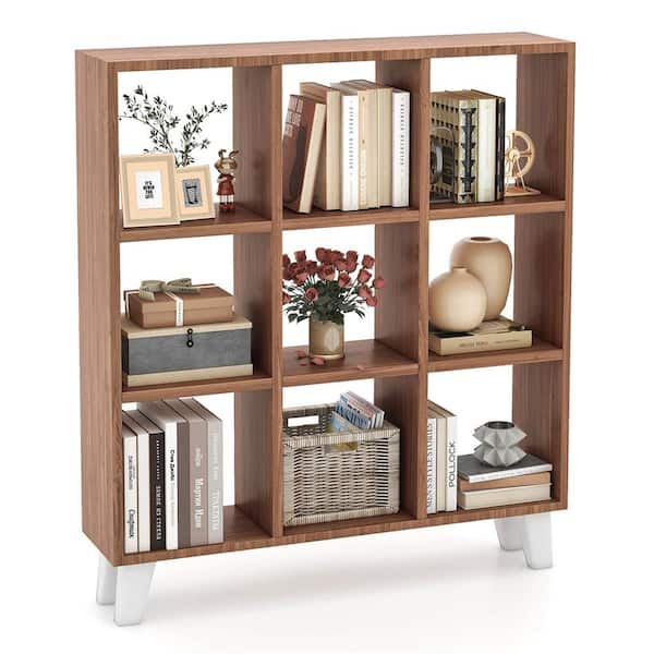 Costway 35 in. Tall Brown Engineered Wood 3-Shelf Modern Bookcase with Adjustable Shelves, Open Storage, Cubes, Storage