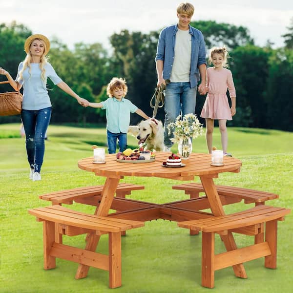 1-Piece Wood 8-Person Outdoor Dining Set Round Picnic Table Set with 4 Built-In Benches 2 in. Umbrella Hole, Yellow