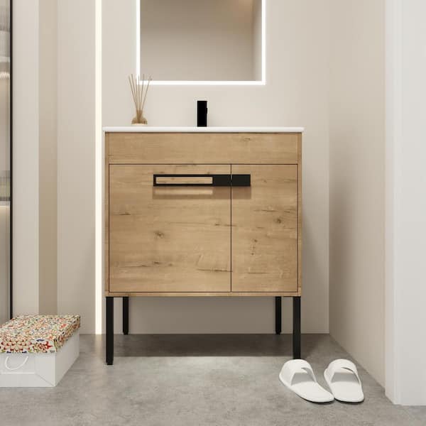 FORCLOVER 30 in. W x 18-5/16 in. D x 35-1/16 in. H Bath Vanity in Imitative Oak with White Ceramics Top
