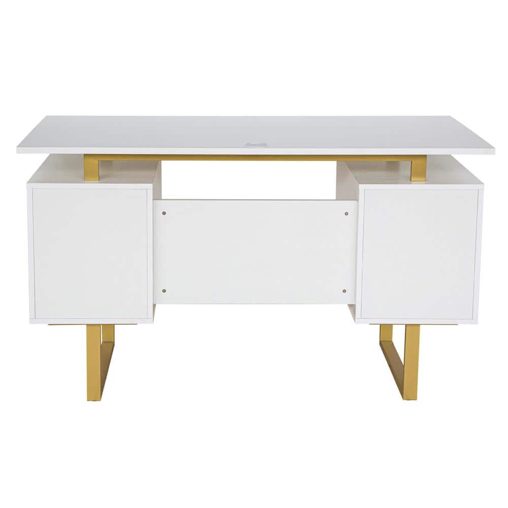 White and Gold Modern Writing Desk with Storage Drawers