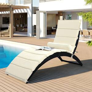 Patio Wicker Sun Lounger Outdoor, Foldable Curved Lounger with Beige Removable Cushion Pillow