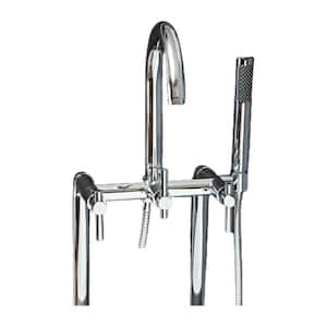 Modern 3-Handle Floor Mount Freestanding Tub Faucet with Handshower and Hose, Metal Levers, in Chrome