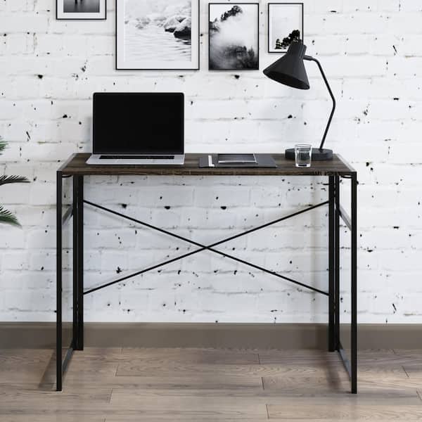 Lavish Home 19.5 in. Rectangle Gray-Brown Wood and Steel Computer Desk Folding