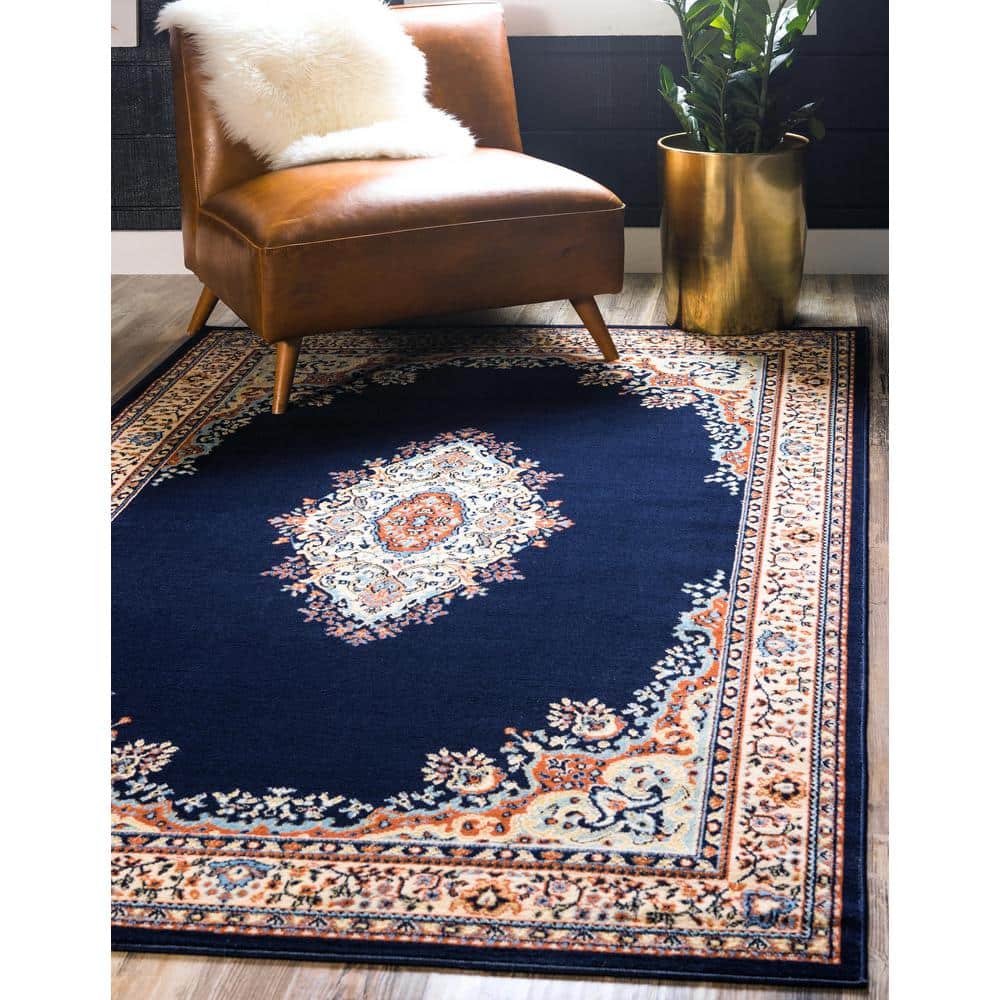 Handmade Navy Blue Rectangular Medallion Synthetic Rug