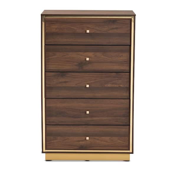 Baxton Studio Cormac 5-Drawer Walnut Brown and Gold Chest of Drawers 40.9 in. H x 25.6 in. W x 15.7 in. D