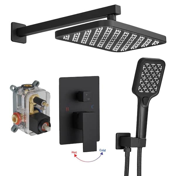 BWE Rainfall Single Handle 2-Spray Shower Faucet 12 in. Square 2.5 GPM with High Pressure in. Matte Black (Valve Included)
