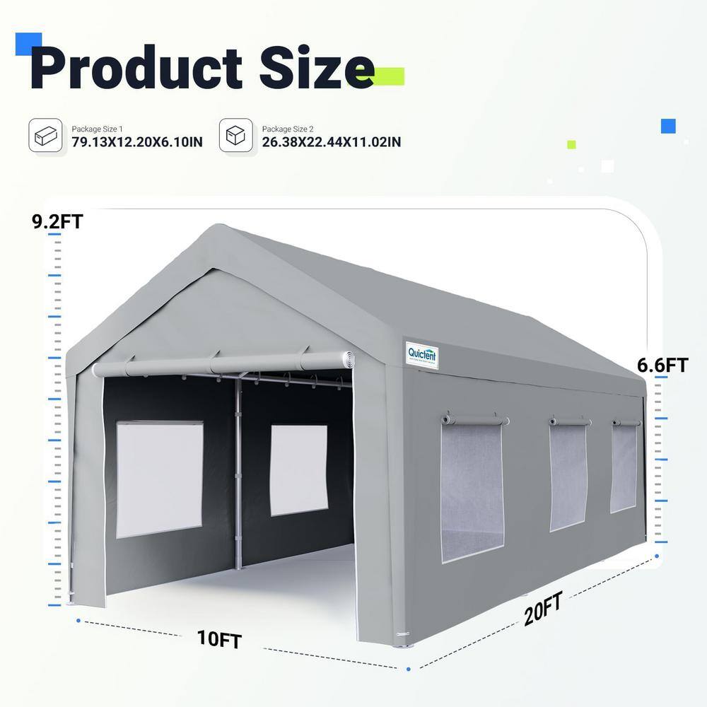 Gray 10' x 20' Portable Metal Carport with Windows