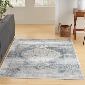 Astra Machine Washable Blue Ivory 4 ft. x 6 ft. Distressed Traditional Area Rug