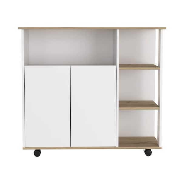 LORDEAR White/Light Oak Particle Board Kitchen Cart with Open Shelves and Two Doors Cabinet