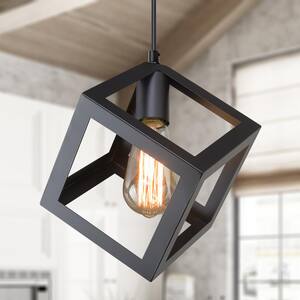DIY Modern Black Square Pendant Light, Rustic Cube 1-Light Industrial Kitchen Dining Room Chandelier (1-Pack)