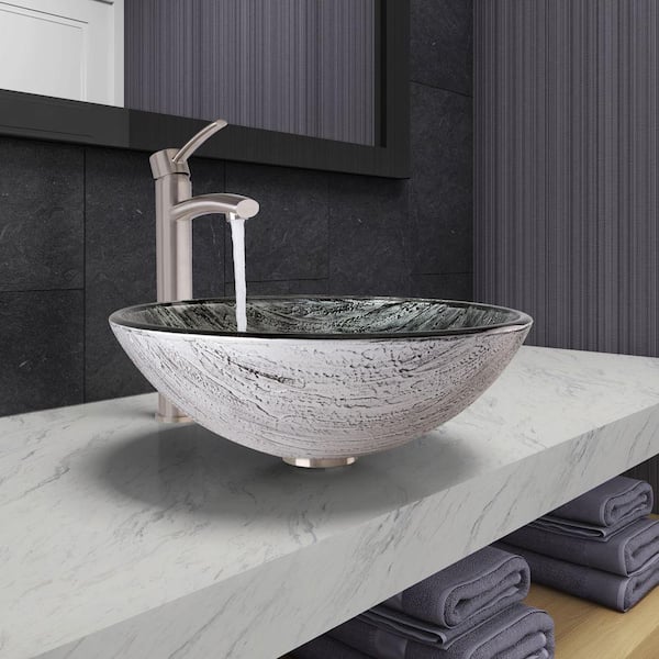 VIGO Glass Round Vessel Bathroom Sink in Titanium Gray with Milo Faucet and Pop-Up Drain in Brushed Nickel
