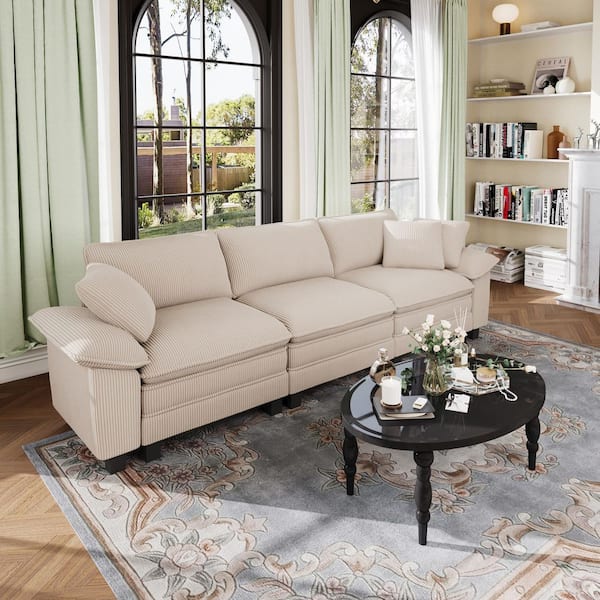 PHI VILLA 123.6 in. Flared Arm 3-Seat Corduroy Fabric Modular Sectional Sofa in Beige with 3 Throw Pillows for Living Room