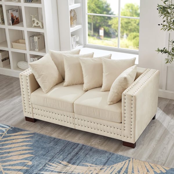 60.5 in Square Arm Velvet Rectangle Sofa in Apricot with Nailhead Trim Decoration, Storage Seats