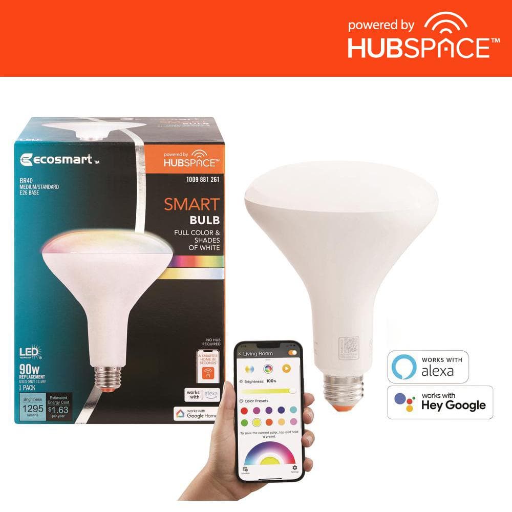 EcoSmart 90-Watt Equivalent Smart BR40 Color Changing CEC LED Light Bulb  with Voice Control (1-Bulb) Powered by Hubspace 12BR4090WRGBWH1 - The Home  Depot