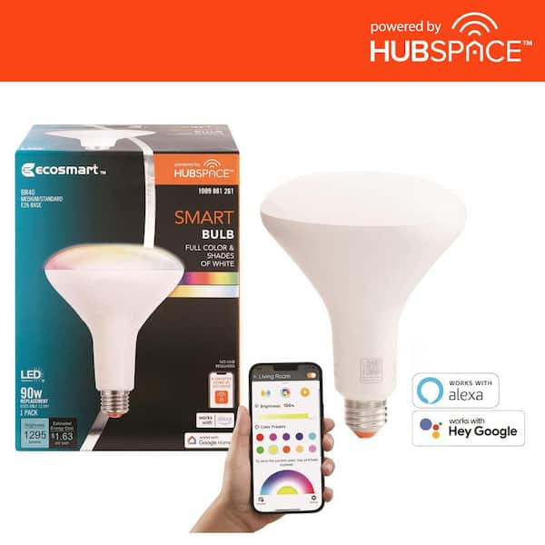 EcoSmart 90-Watt Equivalent Smart BR40 Color Changing CEC LED Light Bulb with Voice Control (1-Bulb) Powered by Hubspace