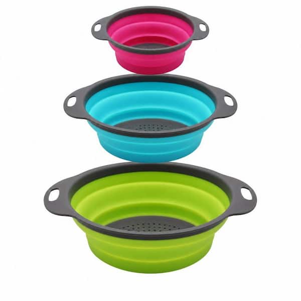 Collapsible Colander Set of 3, Round Silicone Kitchen Strainer Set for Draining Pasta, Vegetable and Fruit