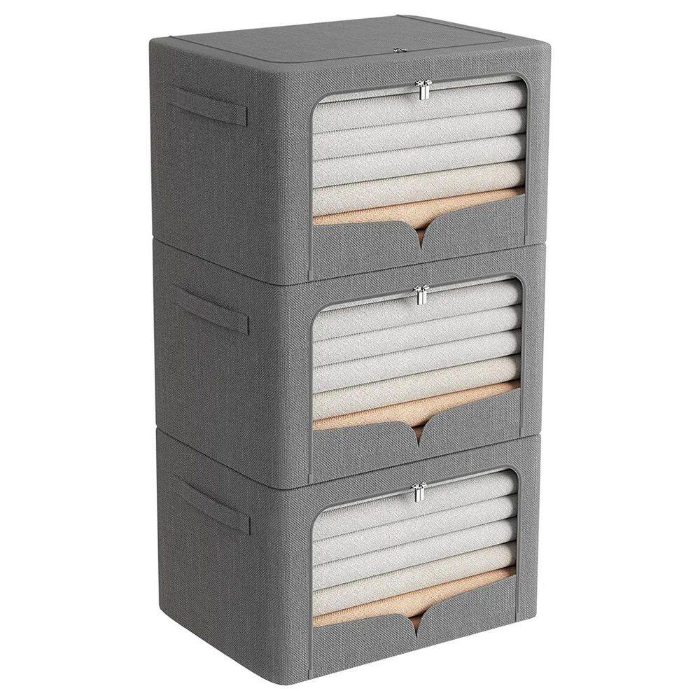 100 Qt. Linen Clothes Storage Bin with Lid in Dark Gray (3-Pack)