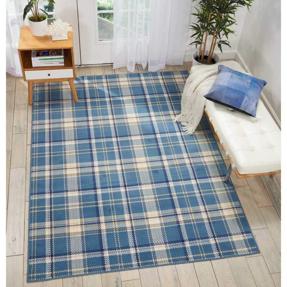 Blue Plaid 5' x 7' Hand-Knotted Synthetic Reversible Rug