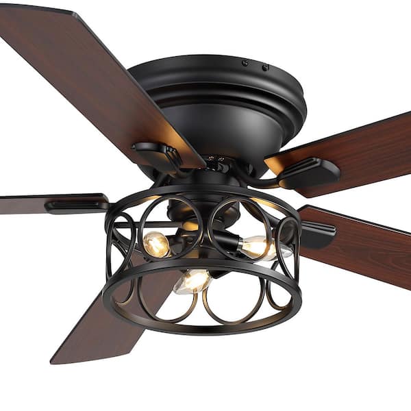 Low Profile 52 in. Indoor Black Fandelier Flush Ceiling Fan with Light Kit, Black/Brown Blade and Remote Included