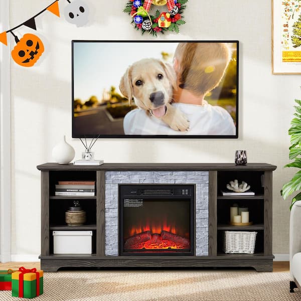 58.31 in. Freestanding TV Stand with 18 in. Electric Fireplace Insert, for TVs up to 65 in., Grey, Faux Stone Surround