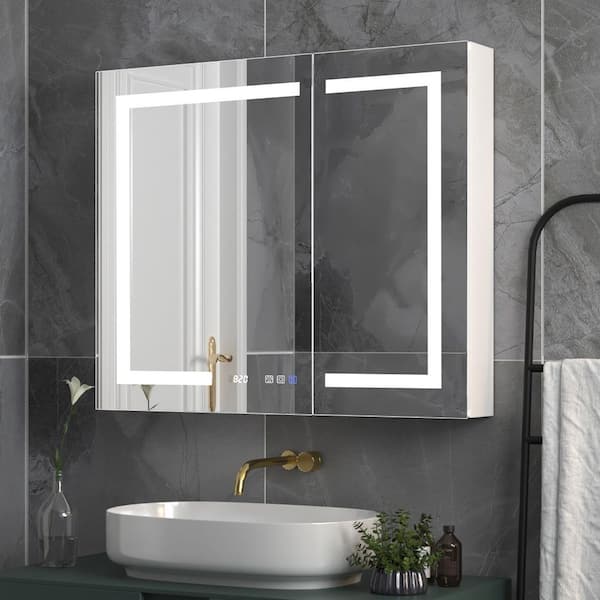 36 in. W x 30 in. H Large Rectangular Silver Aluminum Recessed/Surface Mount Medicine Cabinet with Mirror