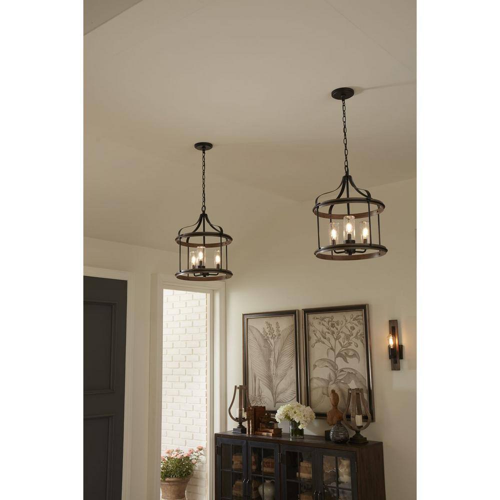 Brenham Matte Black 3-Light Farmhouse Pendant with Seeded Glass