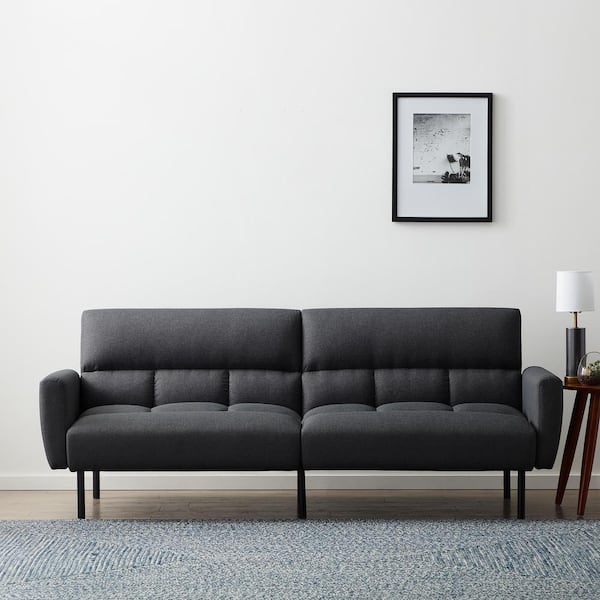 Lucid Comfort Collection Charcoal Linen Futon Sofa Bed with Box Tufting