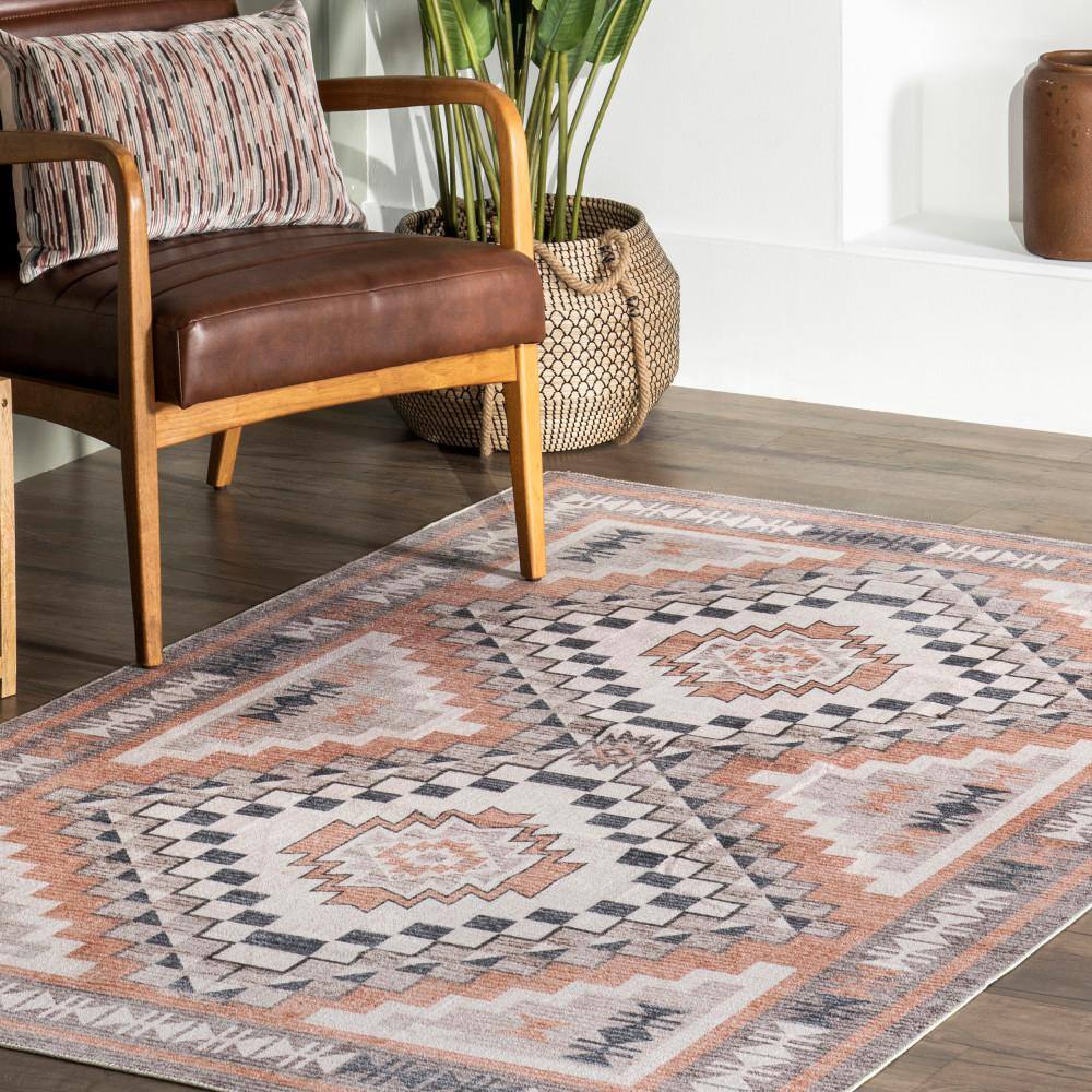 Leighton Light Orange Southwestern Washable Synthetic Area Rug