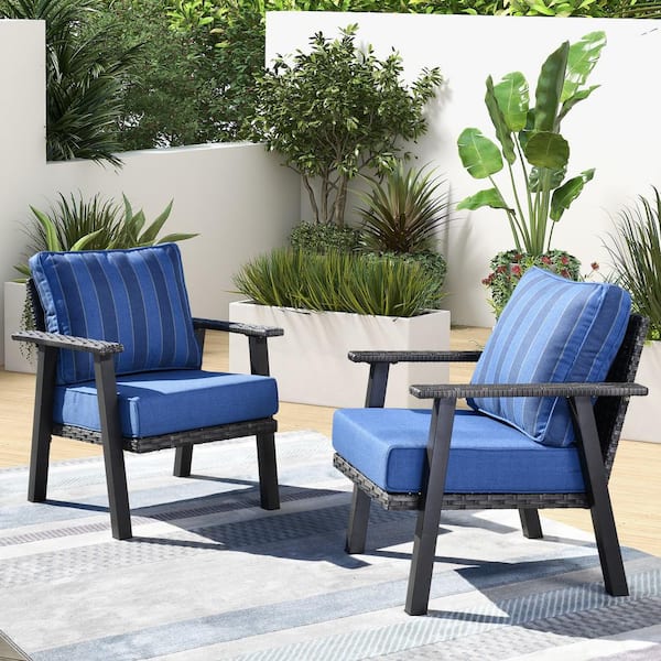 XIZZI Xavier Gray 2-Piece Wicker Outdoor Patio Stationary Lounge Chair with Blue Cushions