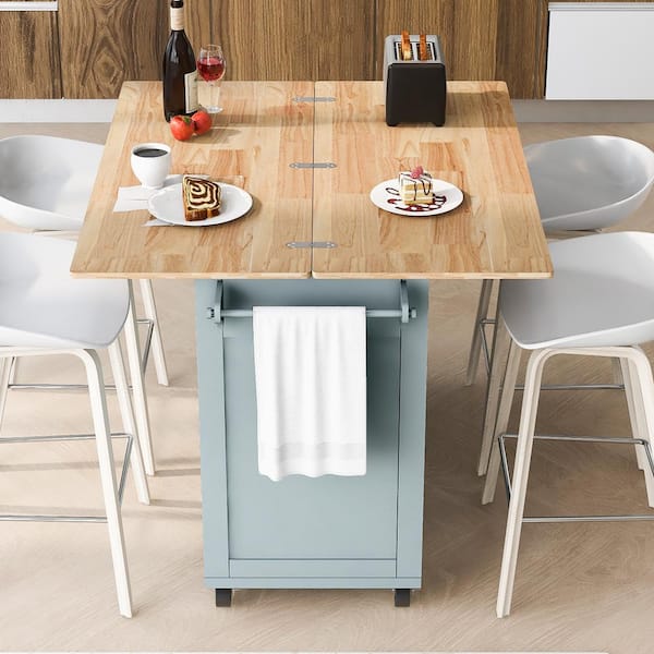 ARTCHIRLY Grey Blue Rubber Wood Top 49.02 in. Kitchen Island with Foldable Countertop, Slide-Out Shelf and Drawer