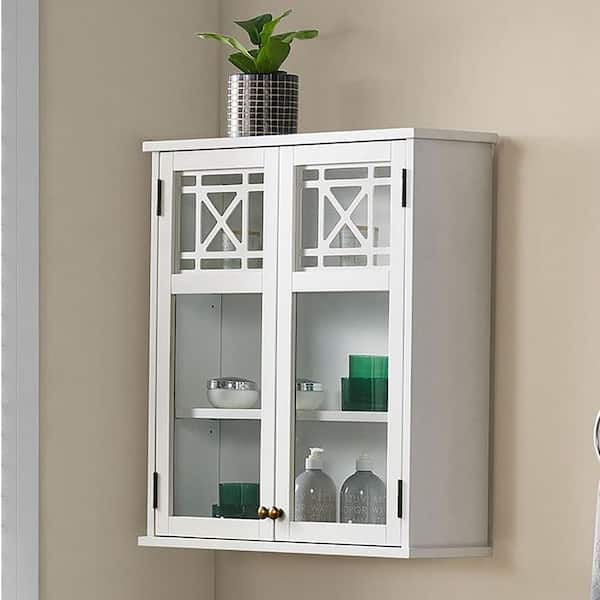 Alaterre Furniture Derby 27 in. W x 8 in. D x 29 in. H White Wood Wall Mounted Bath Storage Cabinet with Glass Cabinet Doors