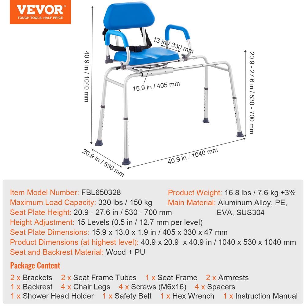 Blue Adjustable Plastic Sliding Tub Transfer Bench with Safety Belt