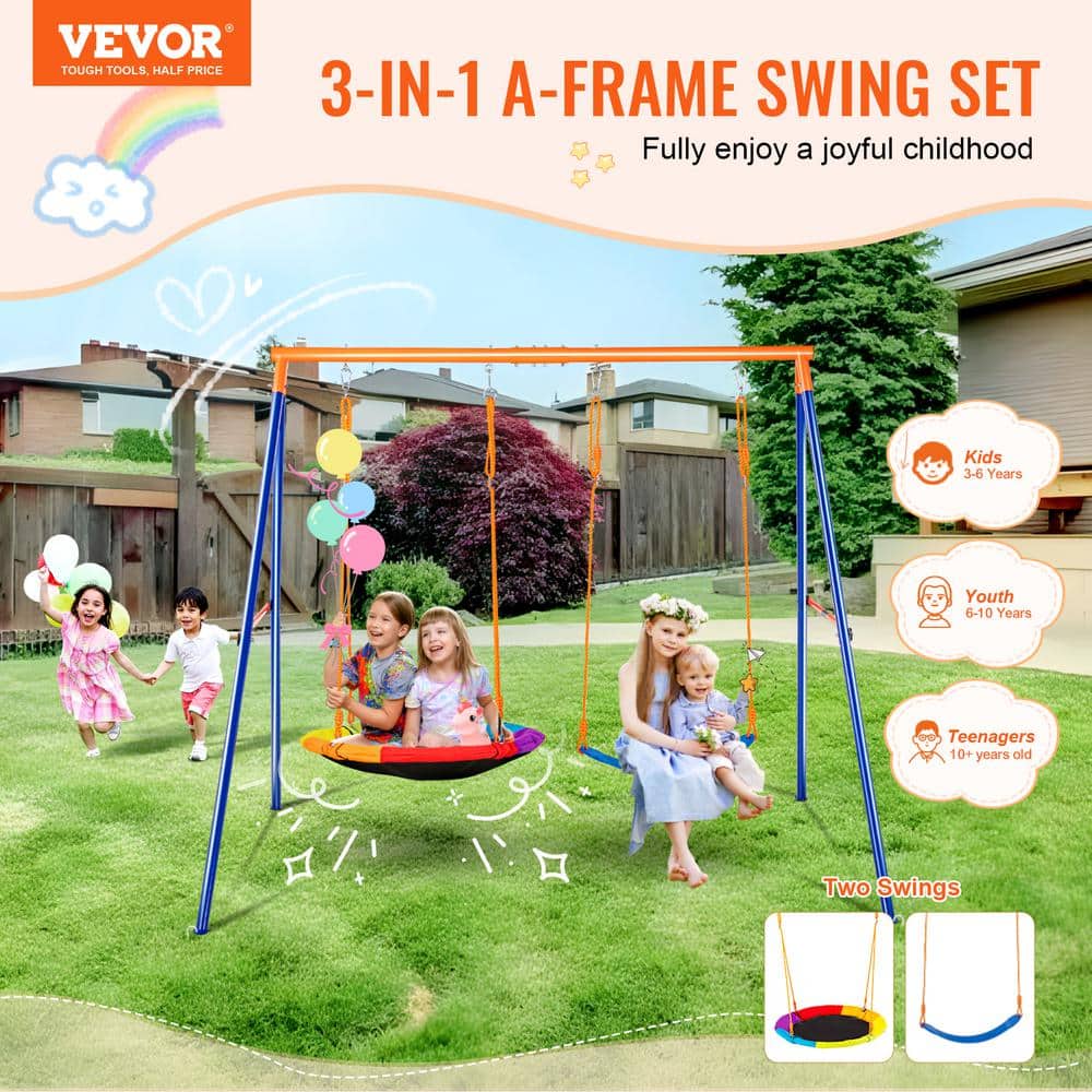 Colorful Metal A-Frame Swing Set with Saucer and Belt Seats
