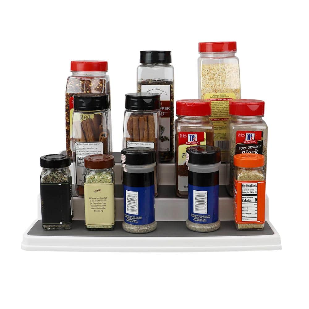 Expandable White 3-Tier Plastic Spice Rack with Non-Slip Tiers