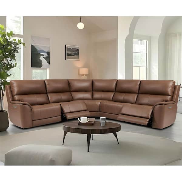 123 in. Double Width Genuine Leather Power Sectional Sofa w/ Power Armless Chair, Zero Gravity in Light Brown