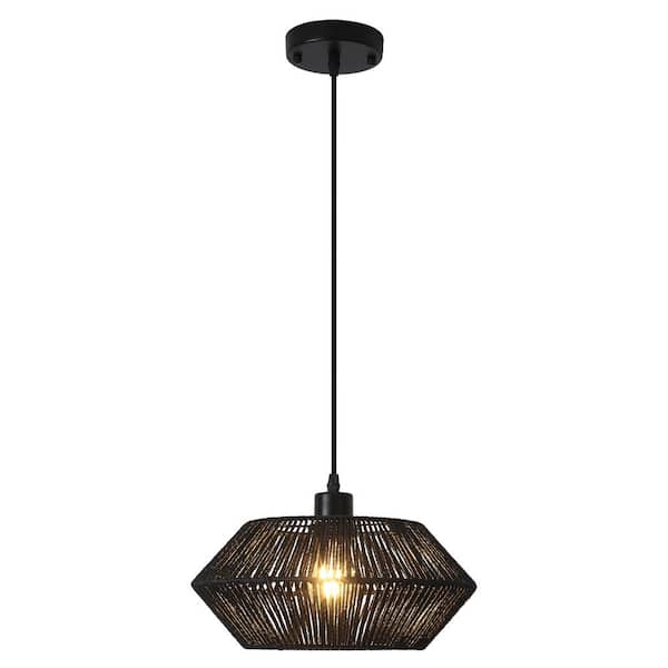 1-Light Black Cage Chandelier with Rattan Shade, Adjustable Hanging Length Semi-Flush Mount Light