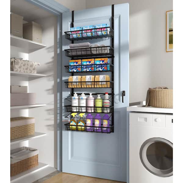 Black 6-Tier Adjustable Hanging Baskets, Metal Wall Mount Spice Rack Seasoning Shelves for Home Kitchen Laundry Bathroom