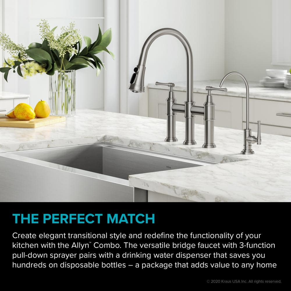 Stainless Steel Bridge Kitchen Faucet with Pull-out Spray and Filter